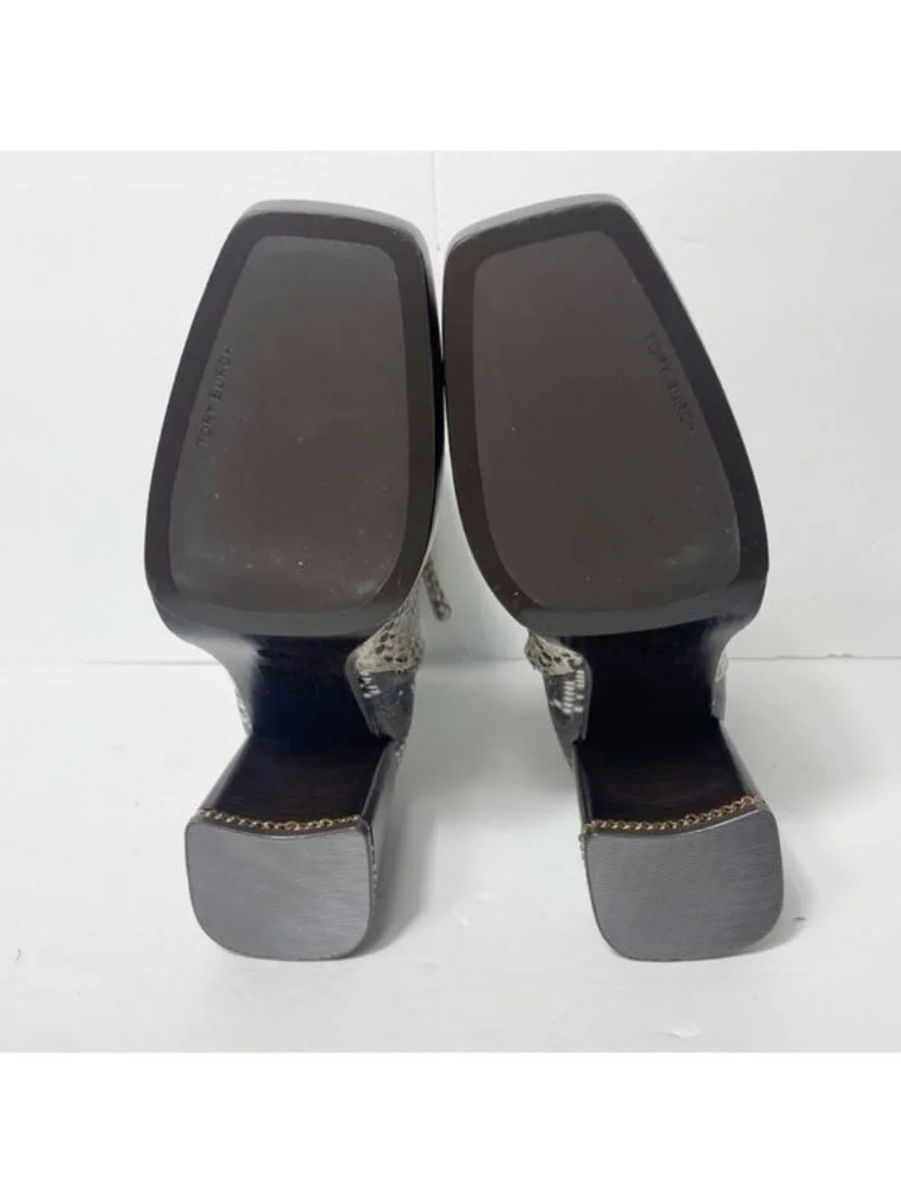 Tory Burch Ruby Python-Embossed Ankle Boots Size 8 Aspen Block Heel Chain Accent